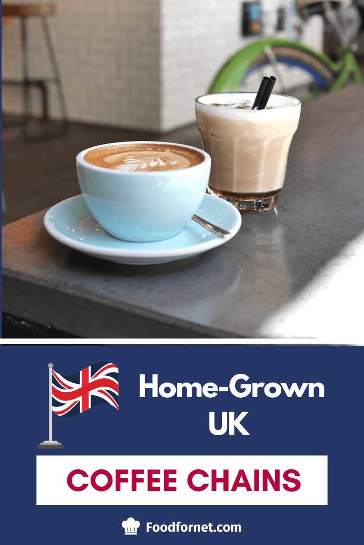 UK flag with a cup of cappuccino and another mixed coffee drink