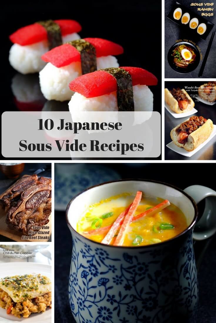 collage of japanese sous vide recipes including tomato sushi, and ramen