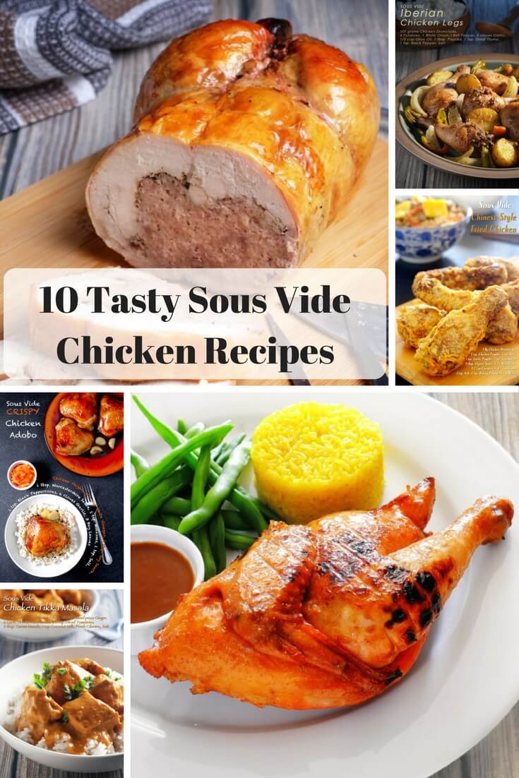 collage of sous vide chicken recipes features on foodfornet.com and other sous vide recipe sites