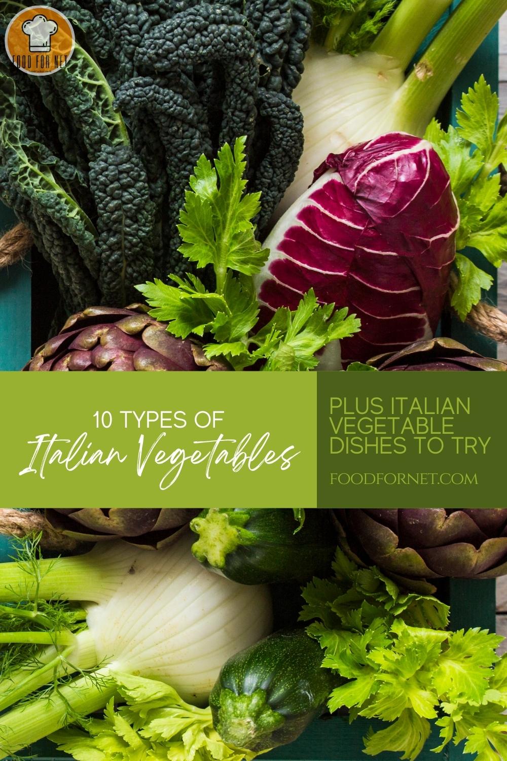 Types of Italian Vegetables. an over head shot of a spread of Italian vegetables with text overlay "10 Types of Italian Vegetables Plus Italian Vegetable Dishes to Try"