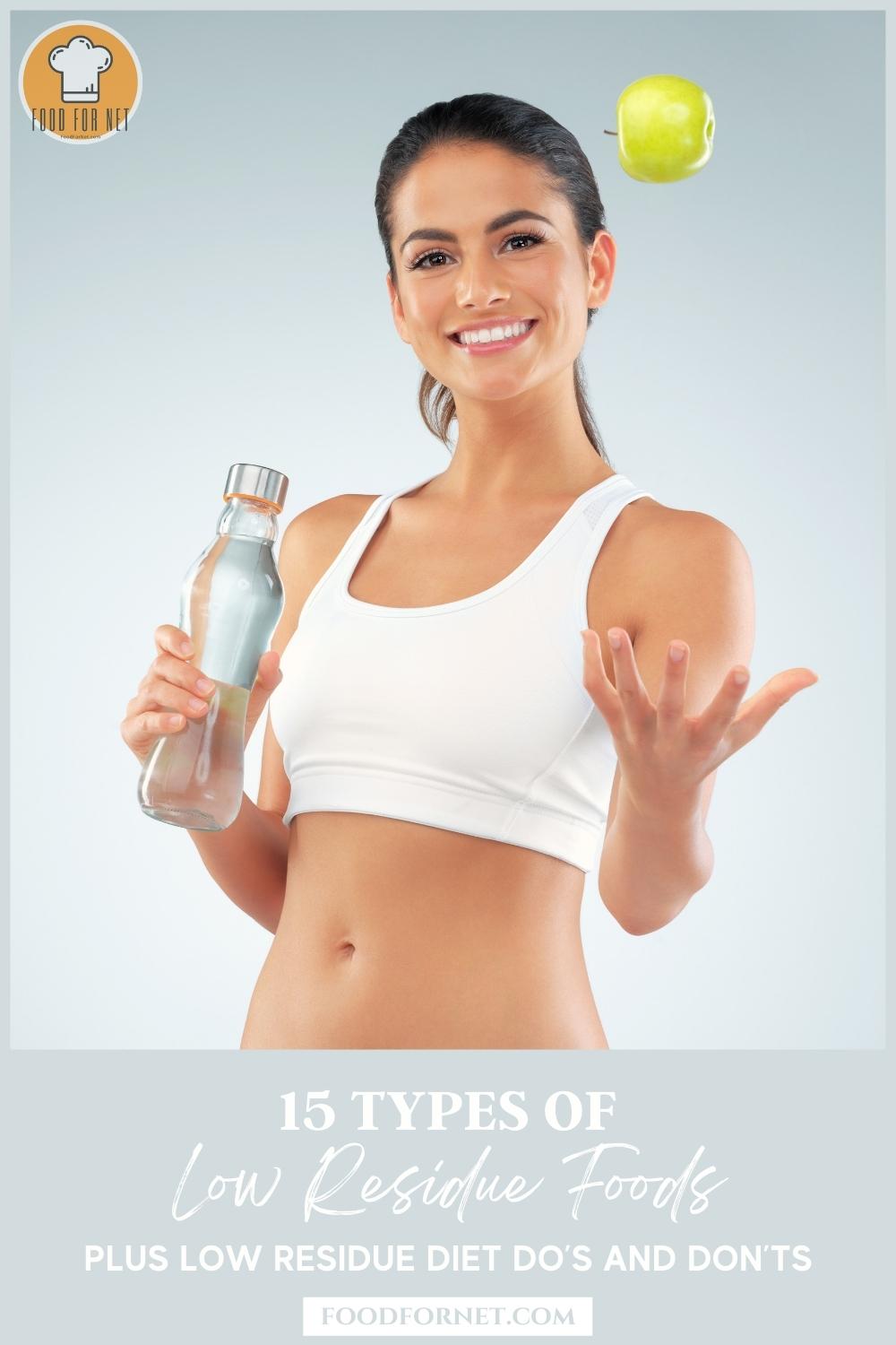 a smiling woman in white tank top holding a bottle of water in one hand and the other juggling a green apple, at the bottom on a light grey background is a text overlay "10 Types of Low Residue Foods Plus Low Residue Diet Do’s and Don’ts"