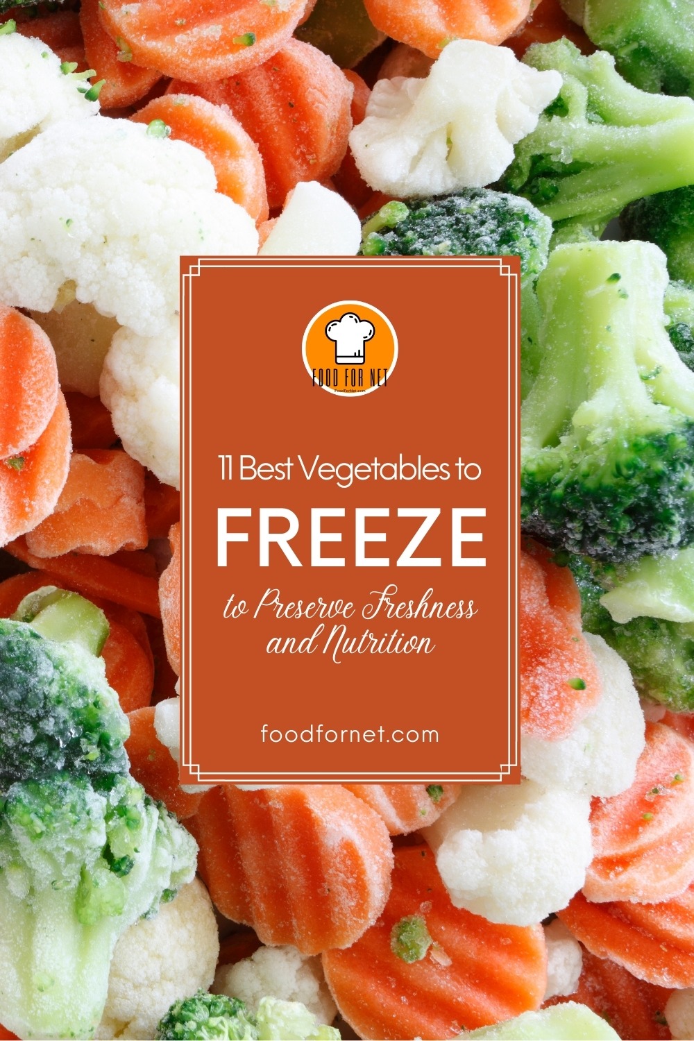 Best Vegetables to Freeze. top view image of mixed frozen cauliflower, broccoli, and carrots; with text overlay "11 Best Vegetables to Freeze to Preserve Freshness and Nutrition"