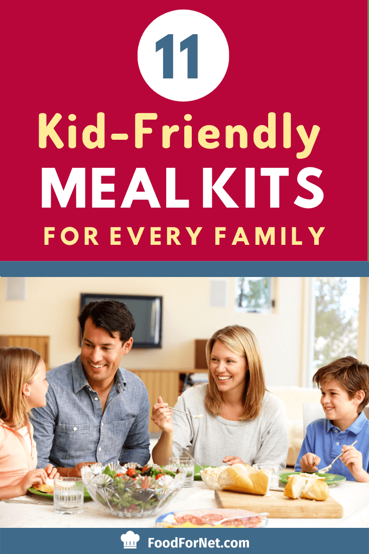 Kid Friendly Meal Kits. family sitting at dinner table eating a meal kit with kid-friendly food