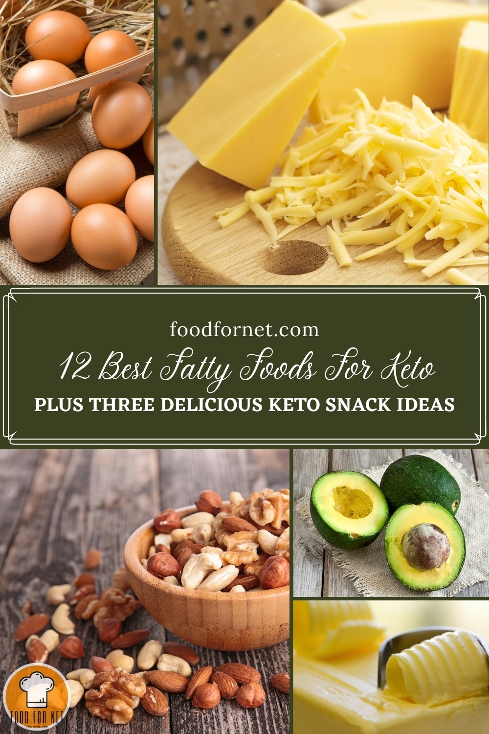 Fatty Foods For Keto. photo collage of brown eggs, cheese, nuts, avocadoes, and butter; with text overlay in dark green background "12 Best Fatty Foods For Keto, Plus Three Delicious Keto Snack Ideas"