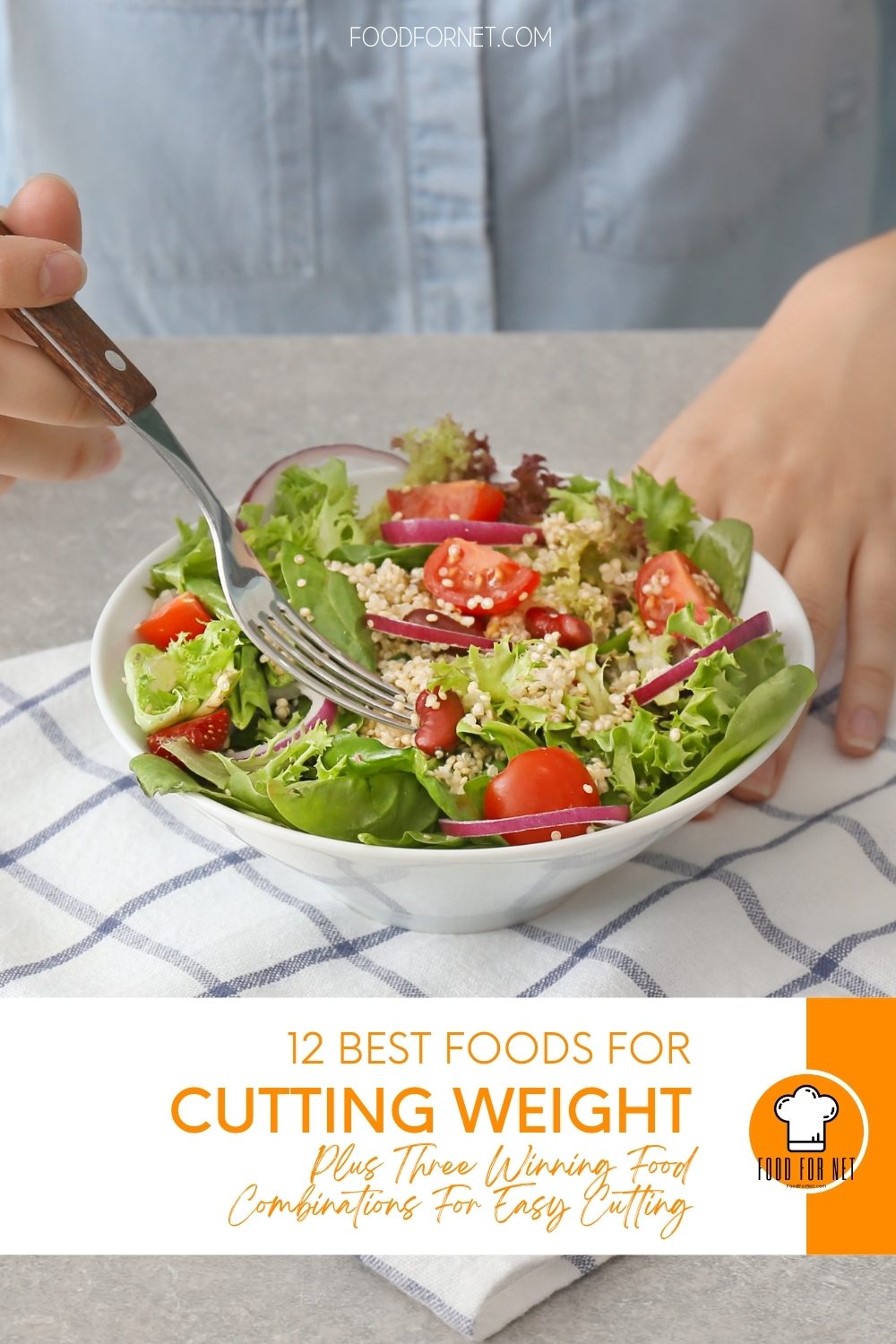 12 Best Foods For Cutting Weight, Plus Three Winning Food Combinations For Easy Cutting | Food For Net a closeup image of a white bowl resting on top of a white table napkin with blue strips, full of green salad with quinoa and cherry tomatoes