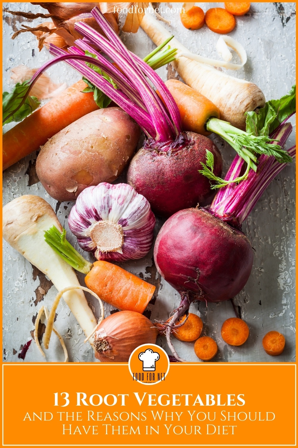 top view image of different root vegetables laid out on a gray surface; with text at the bottom in yellow gold background "13 Root Vegetables and the Reasons Why You Should Have Them in Your Diet"