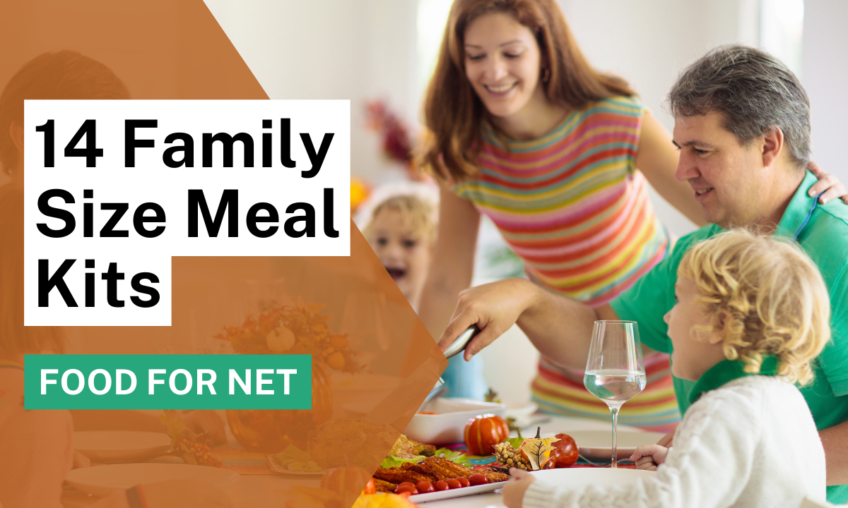 A family enjoying themselves at dinner time, highlighting the idea of family size meal kits