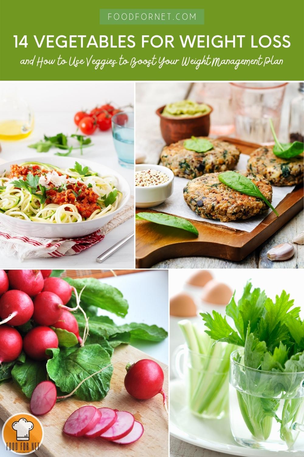 best Vegetables for Weight Loss. a photo collage of zoodles, chickpea patties, radish, and fresh celery; with text overlay "14 Vegetables for Weight Loss and How to Use Veggies to Boost Your Weight Management Plan"