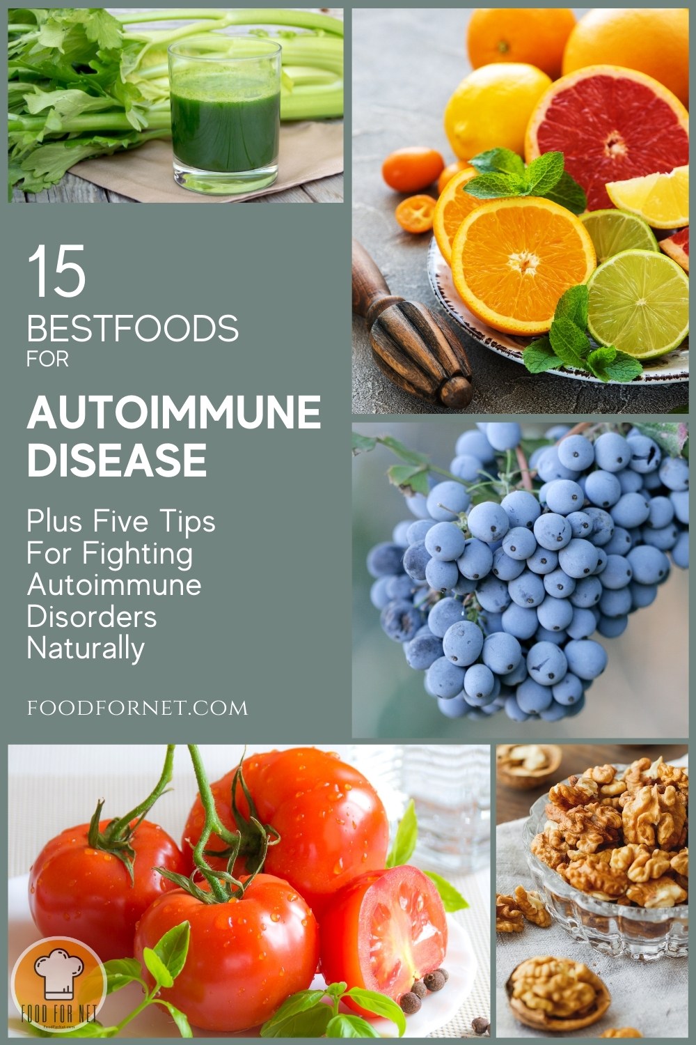 Best Foods For Autoimmune Disease. photo collage of celery juice with fresh celery, pile of different citrus, fresh blueberries, tomatoes, walnuts; with text overlay "15 Best Foods For Autoimmune Disease, Plus Five Tips For Fighting Autoimmune Disorders Naturally"