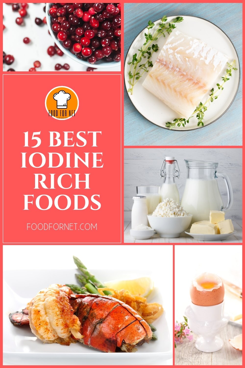 photo collage of cranberries in a bowl, fresh cod with herbs on a white plate, dairy products including milk, butter, and cheese, a beautifully plated lobster dish, and soft boiled brown egg in a ceramic egg cup; with text overlay on a pink background "15 Best Iodine Rich Foods"