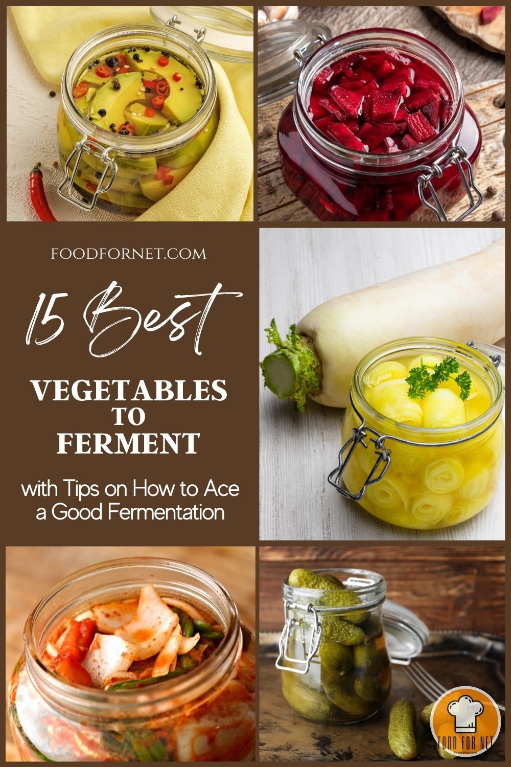 Vegetables to Ferment. photo collage of fermented cucumber, fermented turnips, fermented daikon, fermented zucchini, and fermented napa cabbage or kimchi; with text overlay "15 Best Vegetables to Ferment with Tips on How to Ace a Good Fermentation"