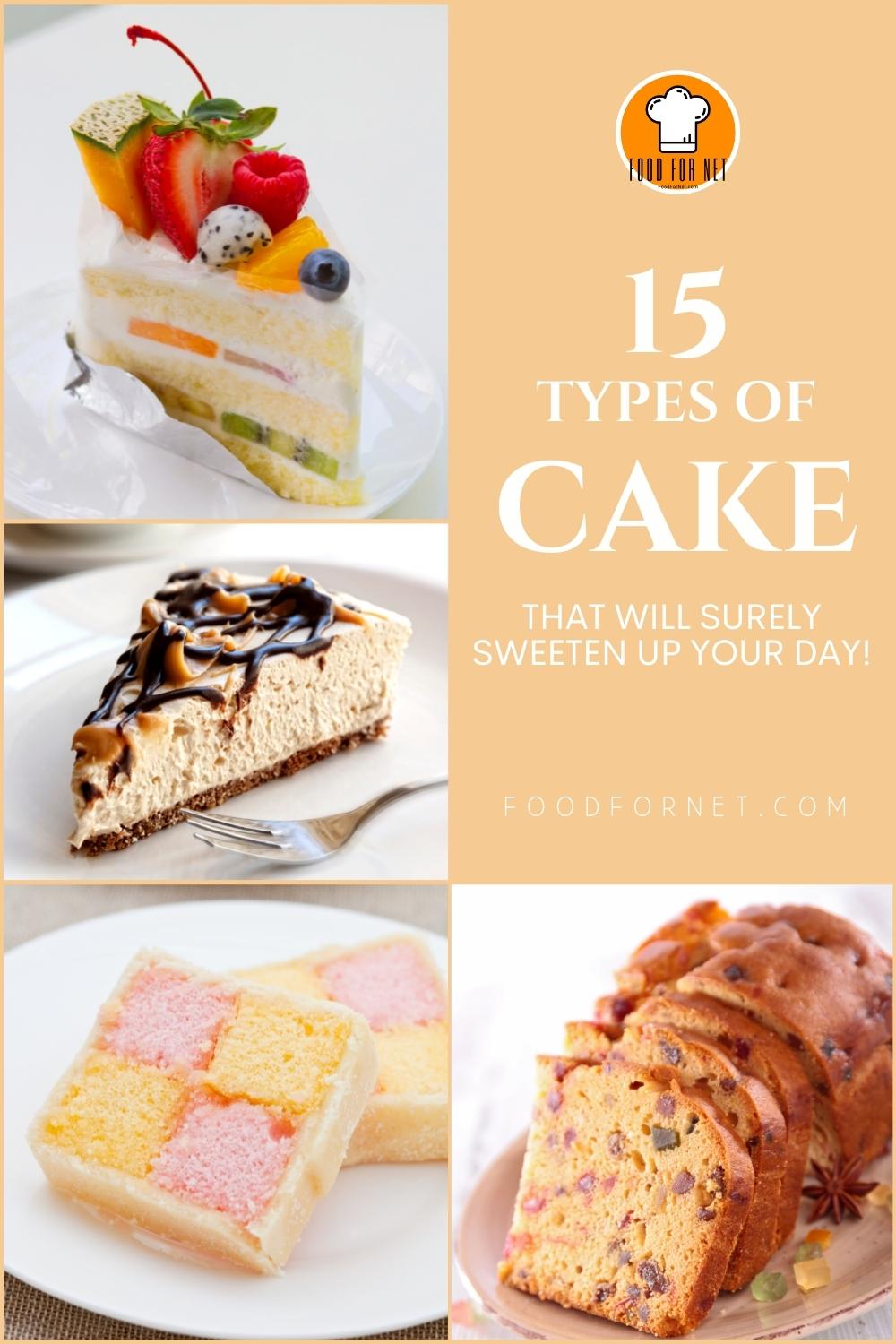 Types of Cake. photo collage of a slice of layer cake, cheesecake, Battenberg cake, and fruit cake; with text overlay "Battenberg cake"