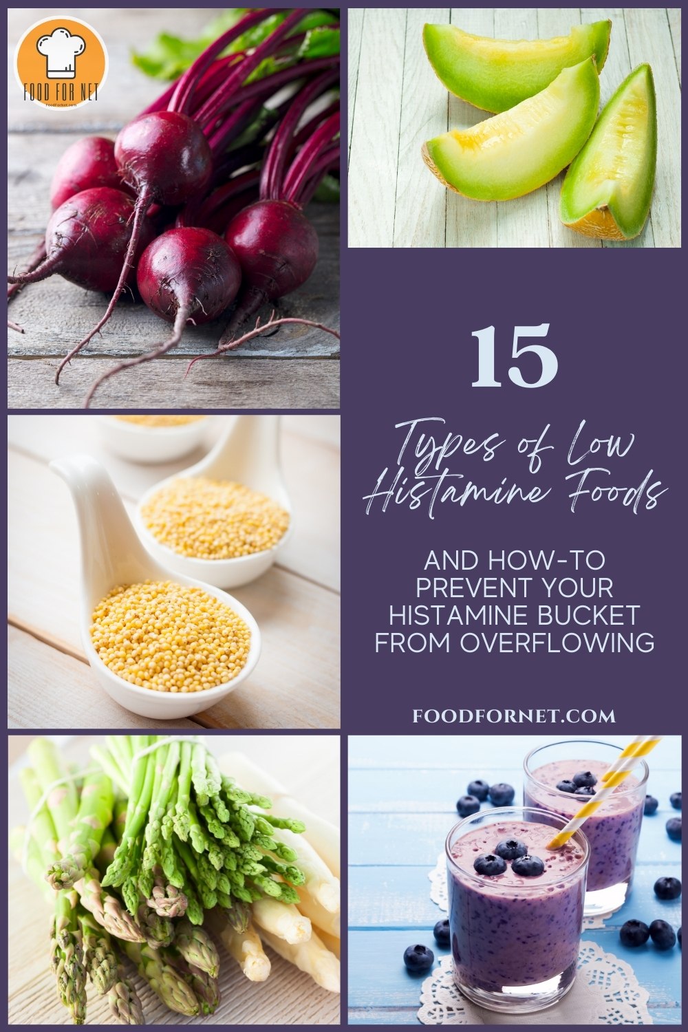 Low Histamine Foods. a photo collage of a bunch of beets, sliced honeydew melons, scoops of millet, different types of asparagus, and fresh blueberries and smoothies; with text overlay "15 Types of Low Histamine Foods and How To Prevent Your Histamine Bucket From Overflowing"