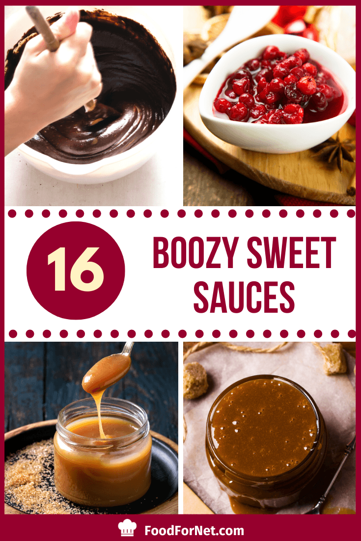 four sauces which include alcohol in the recipe including caramel sauce, berry drizzle, and chocolate cream