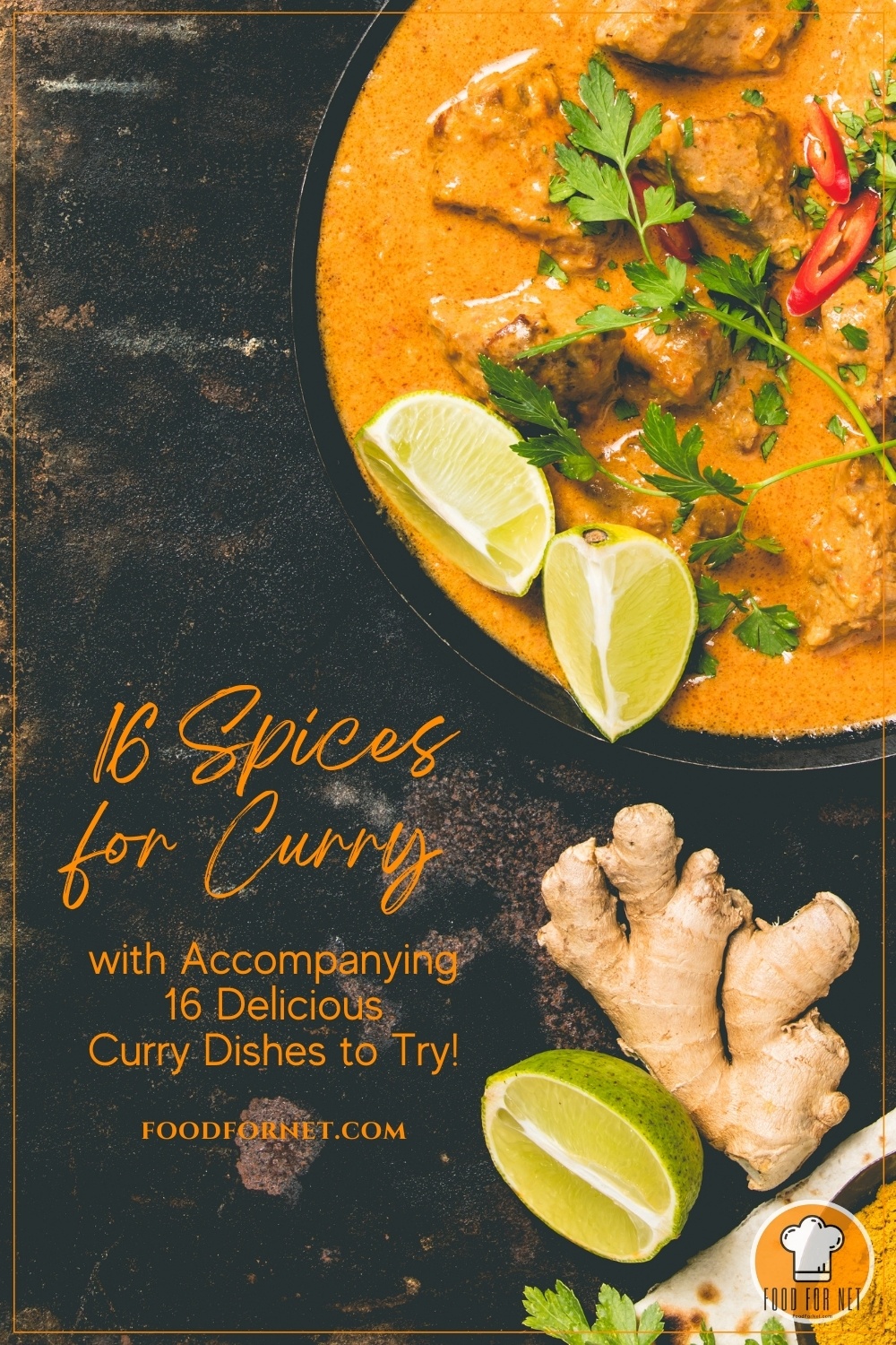 Spices for Curry. on a rustic-looking dark surface is a top view image of curry dish in a black bowl with fresh ginger, halve lime, and small dish of curry powder beside it; with text overlay