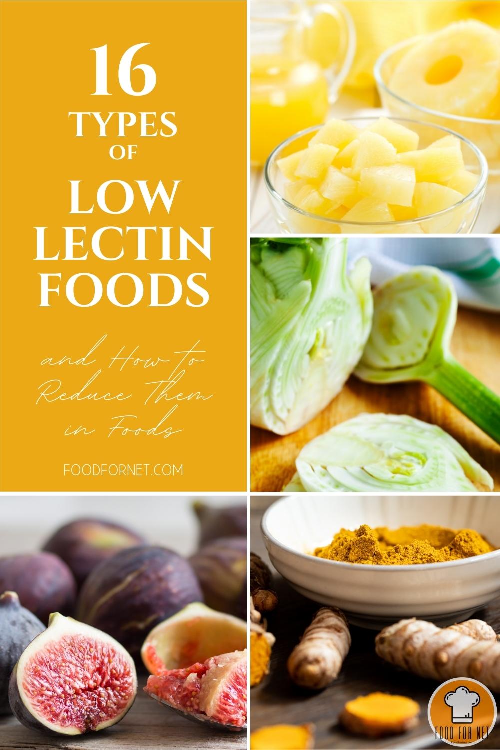 Low Lectin Foods. a photo collage of pineapples, fennel, turmeric powder and turmeric rhizomes, and figs; with text overlay "16 Types of Low Lectin Foods and How to Reduce Them in Foods"