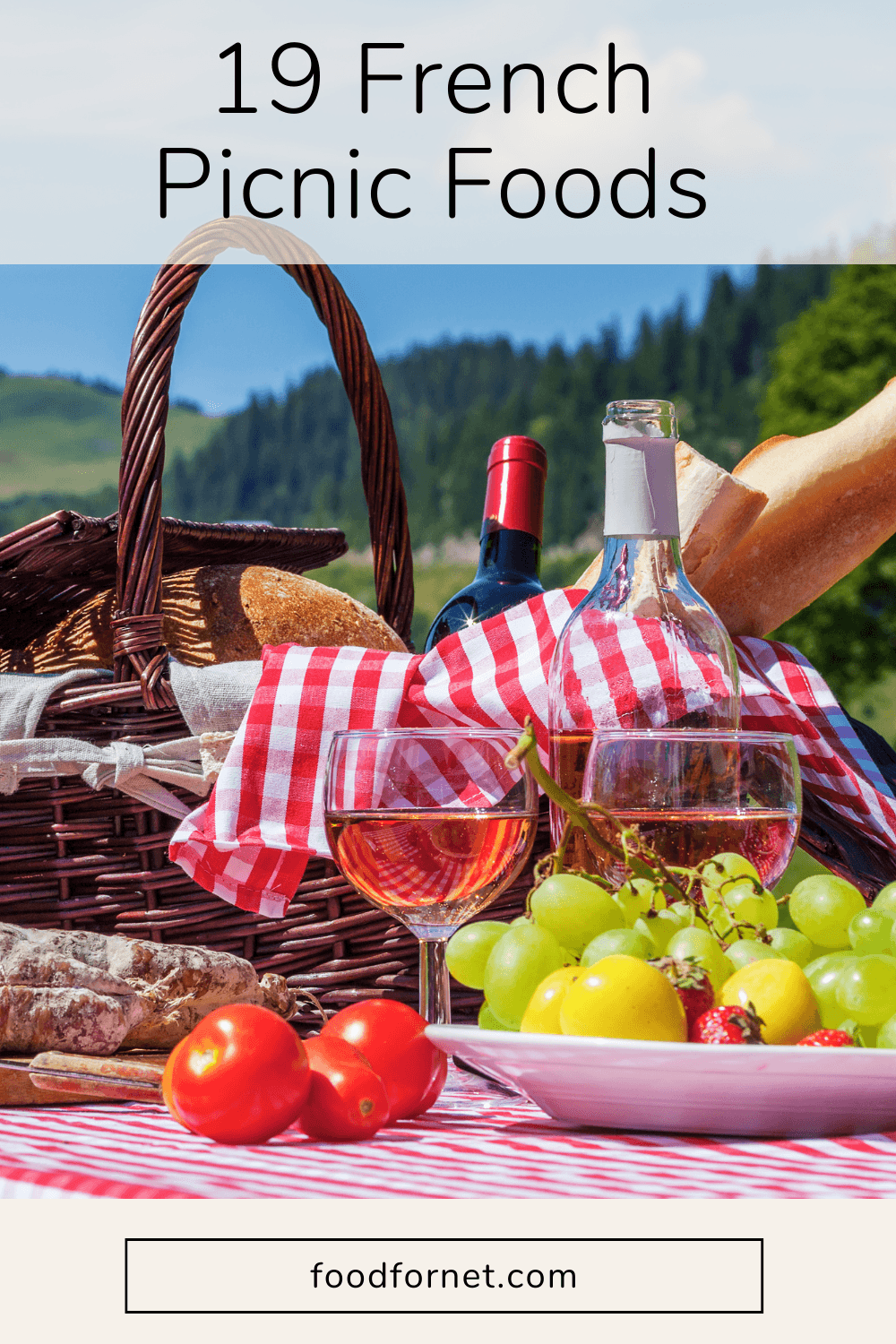 French Picnic Foods. wine, baguette, red cloth, and a picnic basket in the french alps