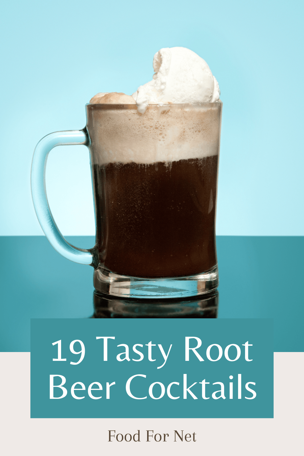 A single glass of a root beer cocktail with ice cream on a blue table in front of a light blue background