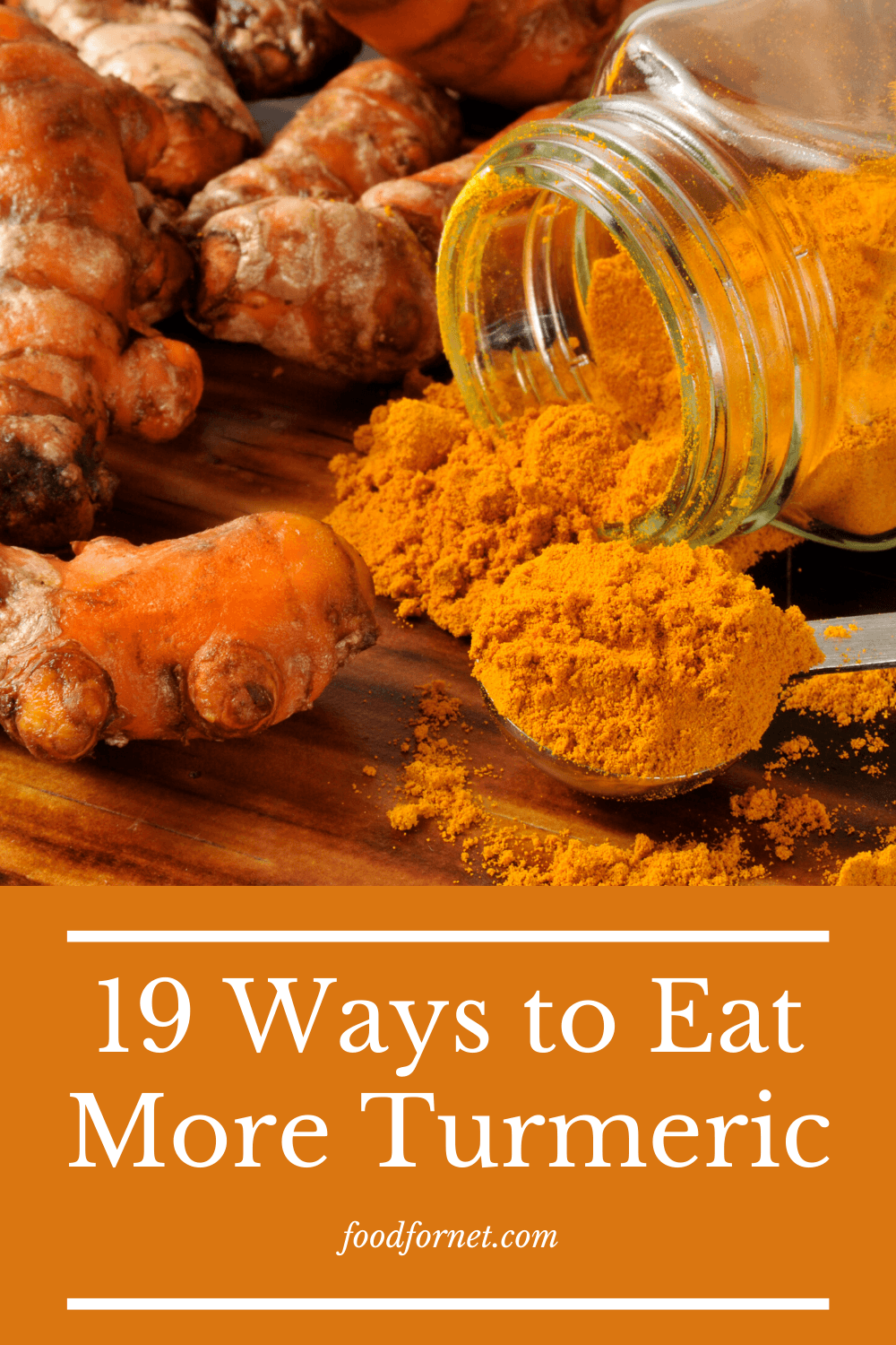 Turmeric spilling out of a glass jar, with various turmeric roots and a spoon ful of turmeric