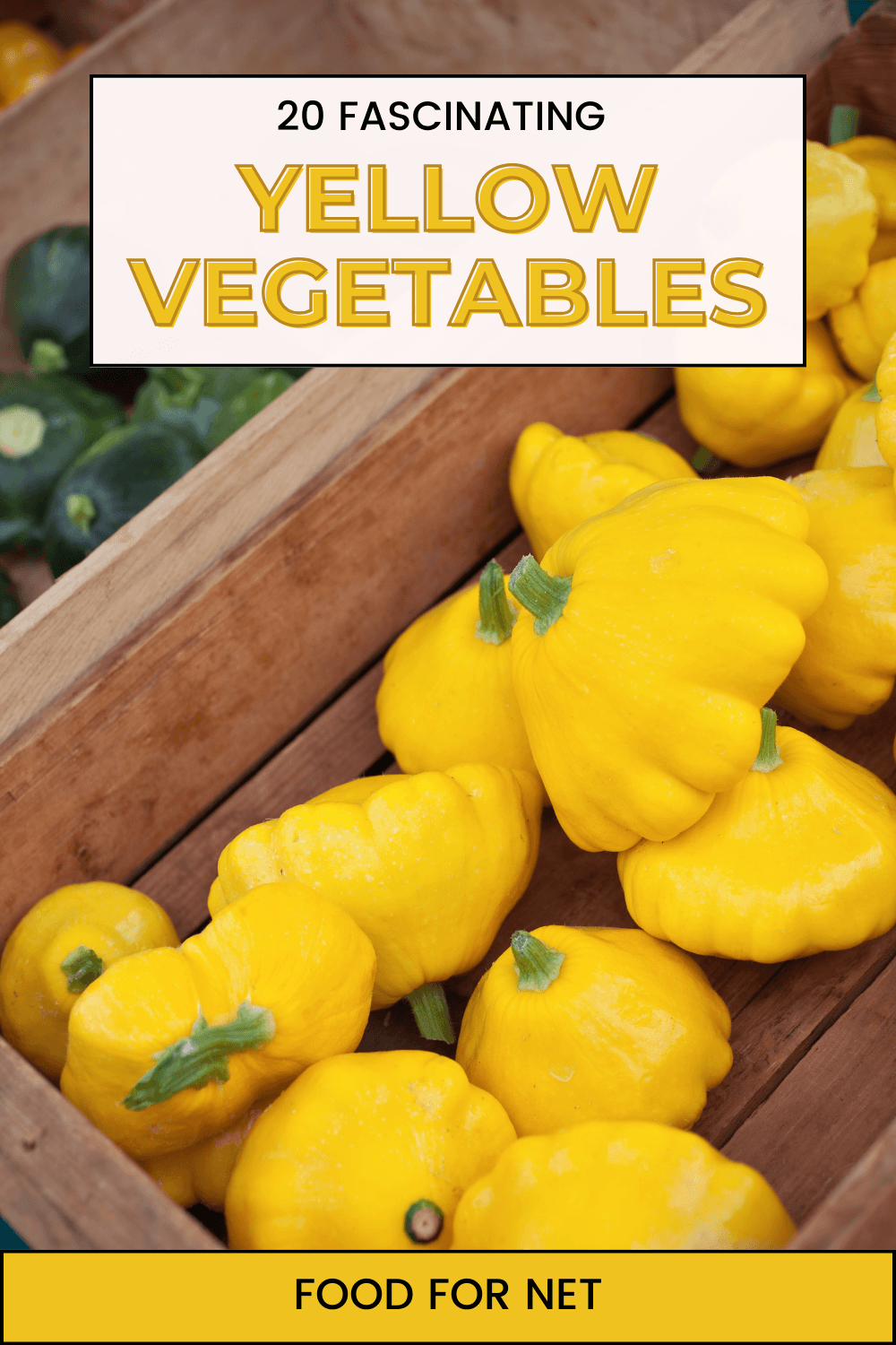 A crate containing bright yellow patty pan squash, each with a little green stem. They're one example of many yellow vegetables.