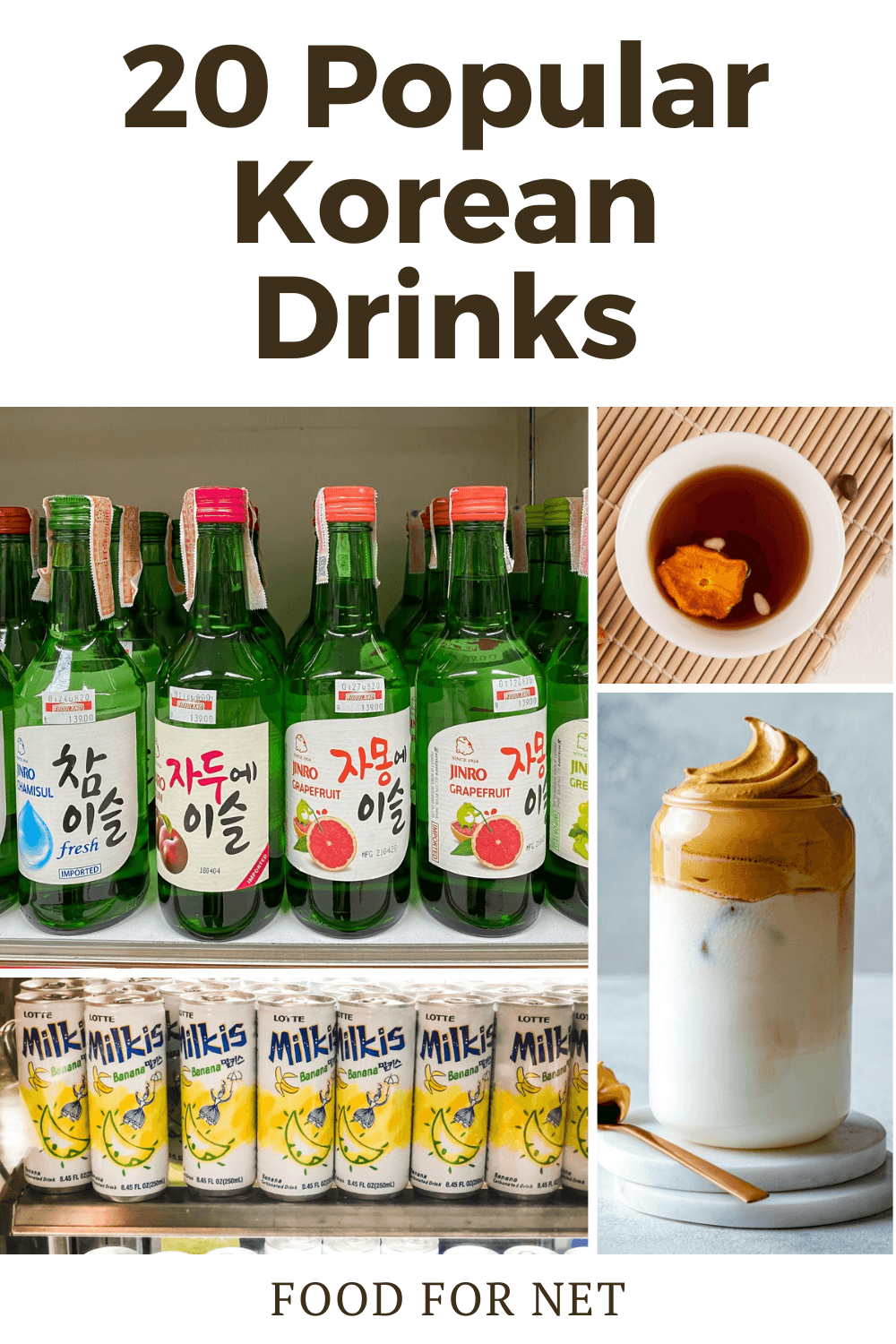 A selection of Korean drinks, including a whipped coffee and milk drink, alcohol, and Milkis