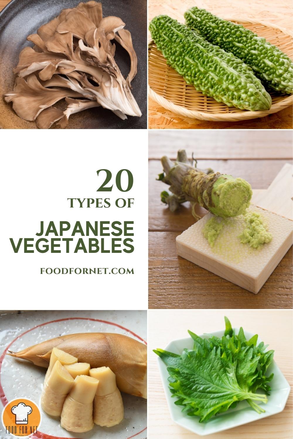 Types of Japanese Vegetables. a photo collage of maitake mushrooms, goya, wasabi root, shiso, and takenoko; with text overlay "20 Types of Japanese Vegetables"