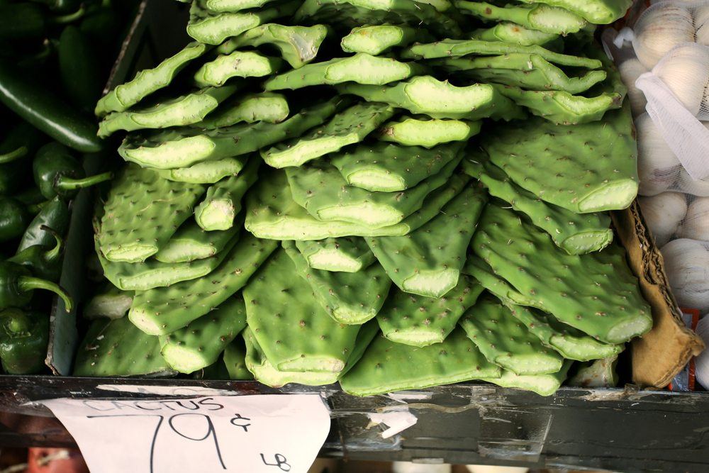 A pile of nopal leaves being sold in a market for 79 cents a pound