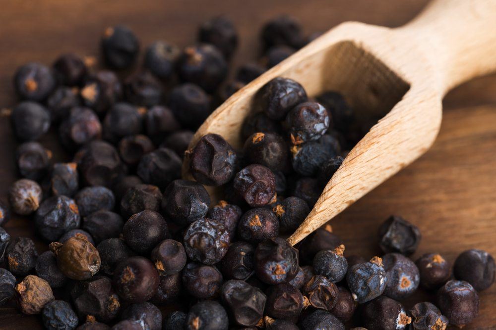 A wooden scoop with juniper berries