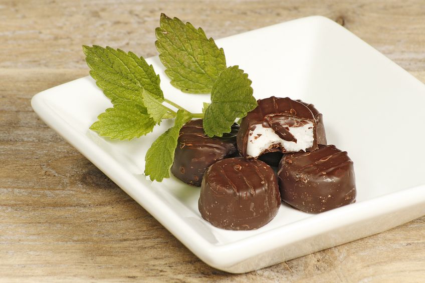 A white plate with four chocolate and peppermint treats