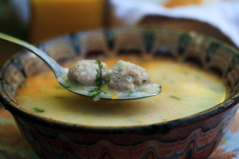 paleo soup with meatballs and greens