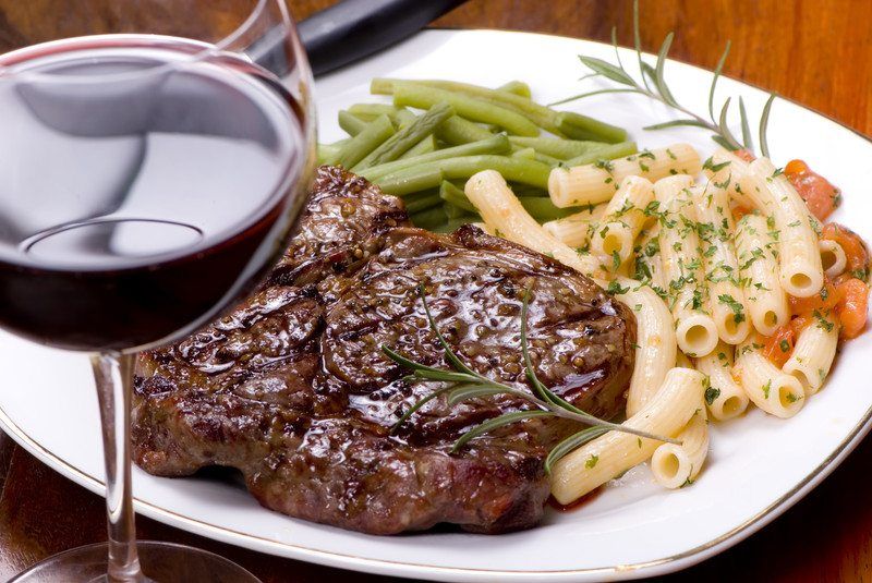 Wine with steak and pasta