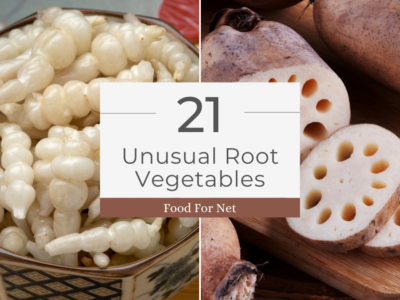 Two unusual root vegetables on a table, including Chinese artichokes and lotus roots