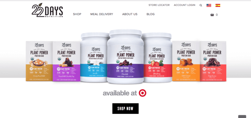 22 Days Nutrition Website Screenshot showing three protein powder containers and four protein bars