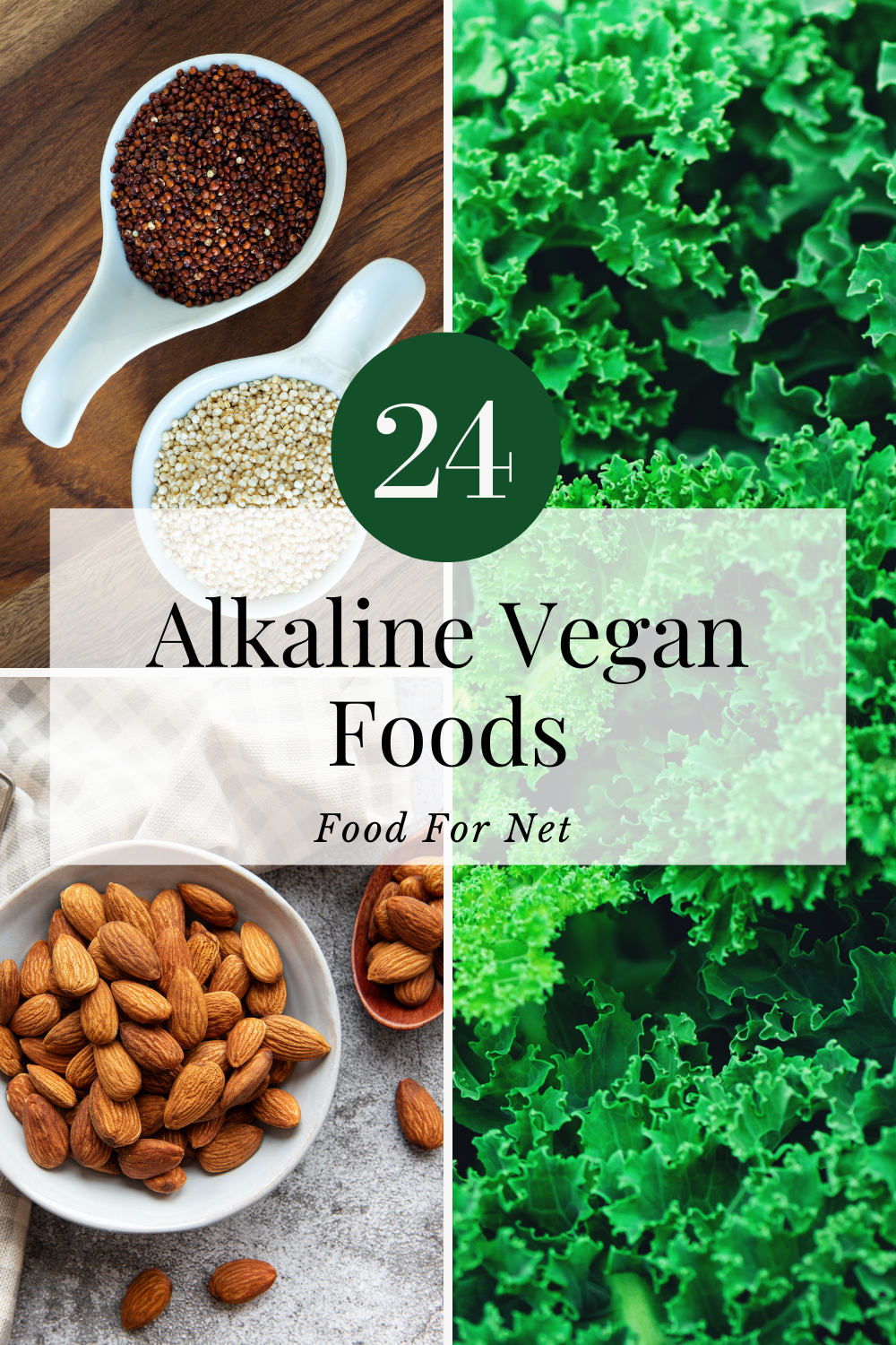 A selection of alkaline vegan foods, including quinoa, almonds, and kale