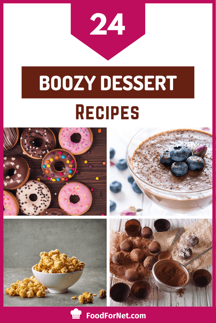 four boozy desserts including popcorn, truffles, donuts, and pudding (alcohol not shown)