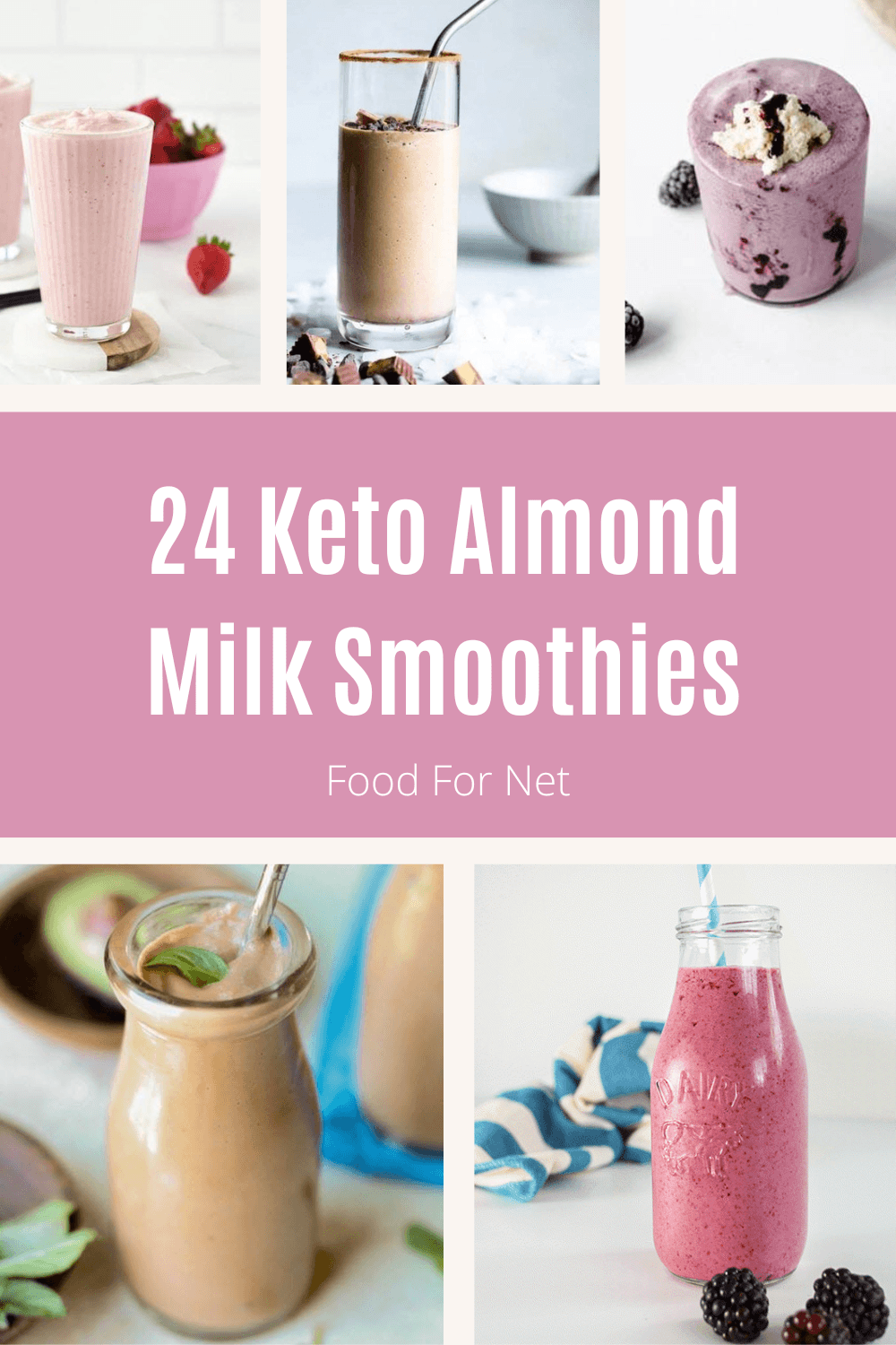 A selection of keto almond smoothies, including chocolate and berry ones