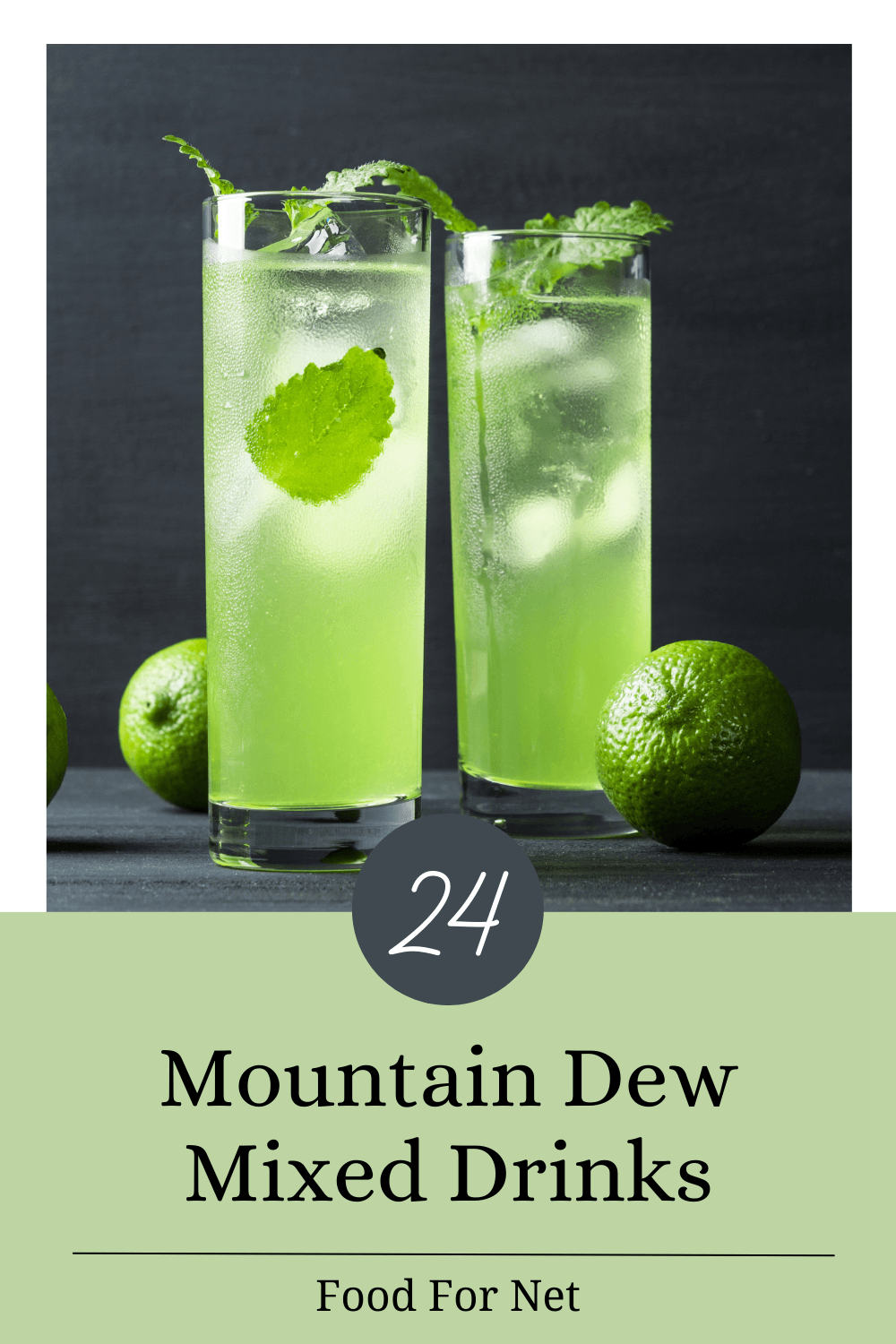 Two tall glasses containing Mountain Dew mixed drinks with apples and leaves