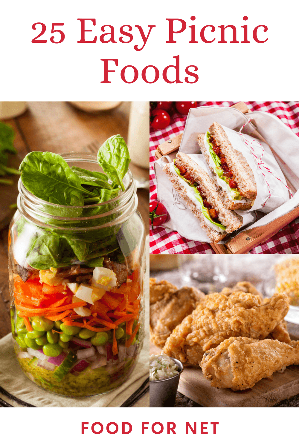 Three types of picnic food, including a mason jar salad, sandwiches, and fried chicken