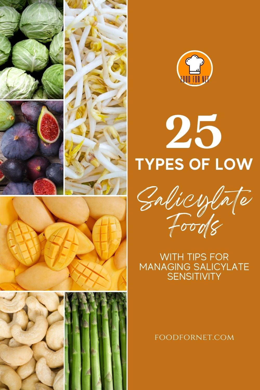 types of low salicylate foods. a photo collage of cabbages, bean sprouts, figs, ripe mangoes, cashews, and asparagus; with text overlay "25 Types of Low Salicylate Foods with Tips for Managing Salicylate Sensitivity"