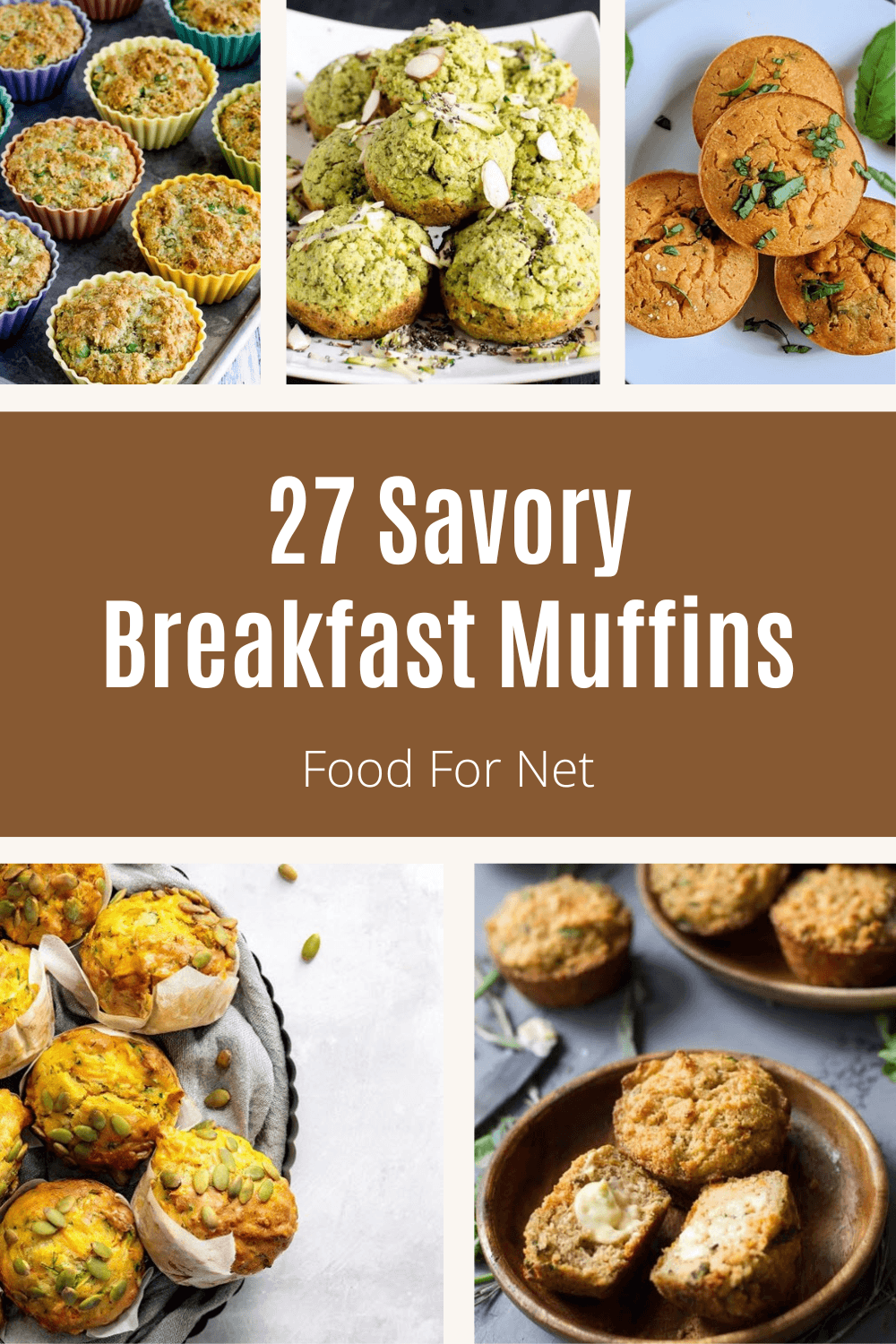 Five different types of savory breakfast muffins, many of which use vegetables and are gluten free