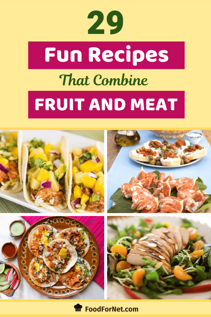 four pictures of dinner food combinations with fruit and meat including tacos, salad, and bacon wrapped fig snacks