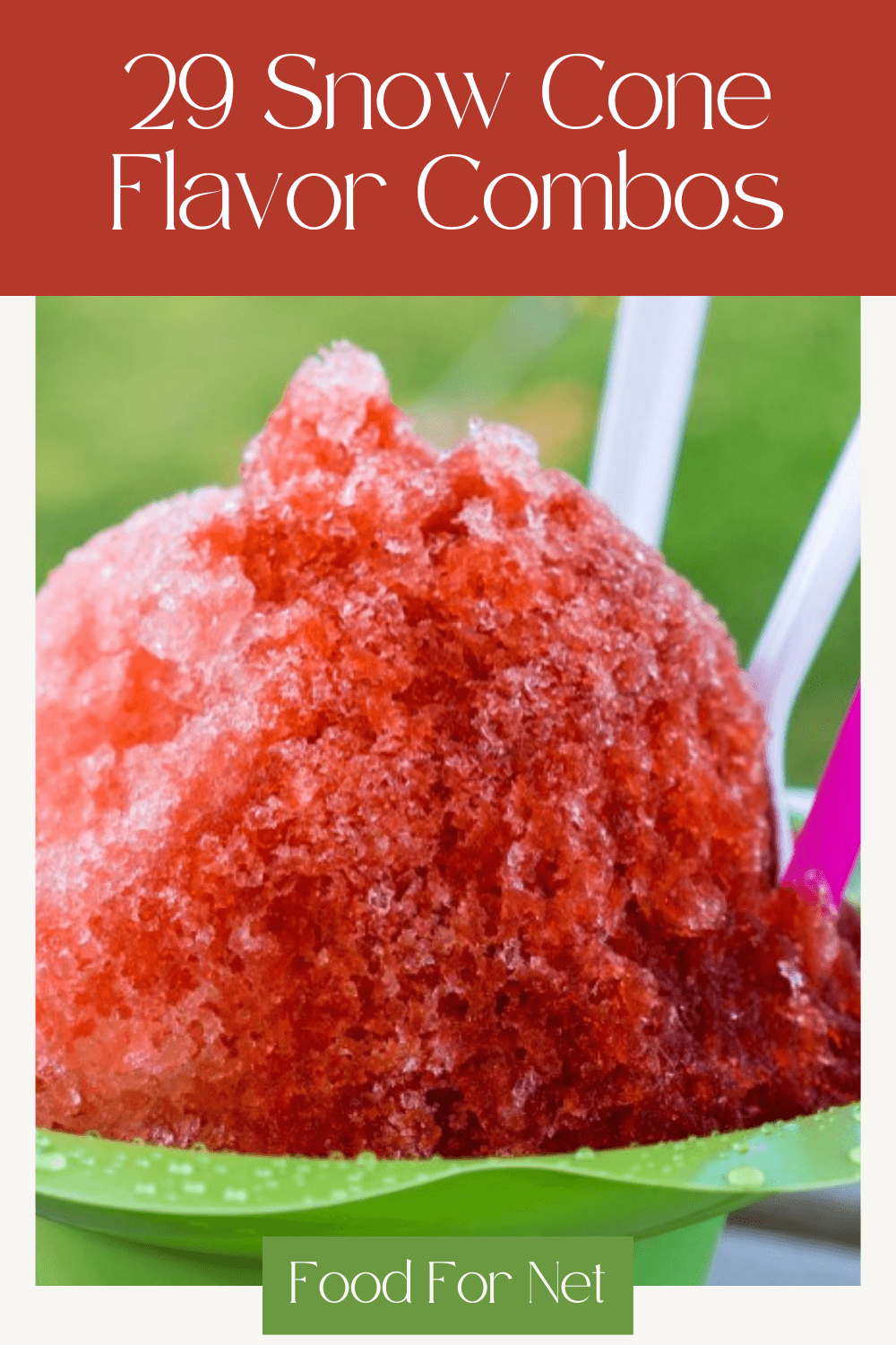 A red snow cone in a green container, highlighting some of the most interesting snow cone flavor combinations