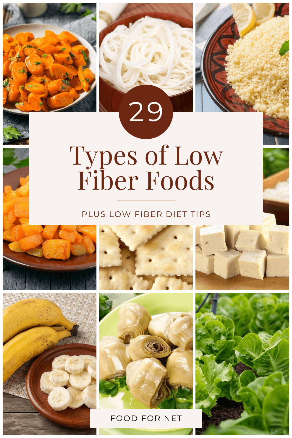 A collage of various low fiber foods including carrots, rice noodles, bananas, and more