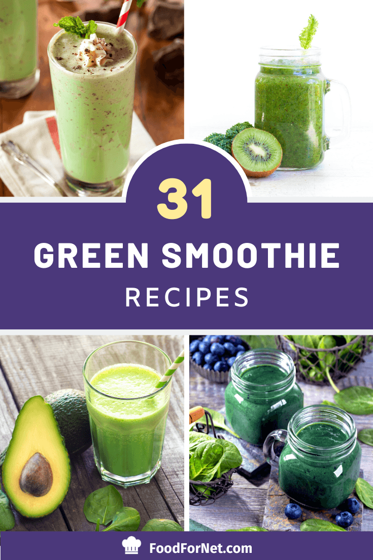 four green smoothie recipes with ingredients like mint, kiwi, avocado, and basil