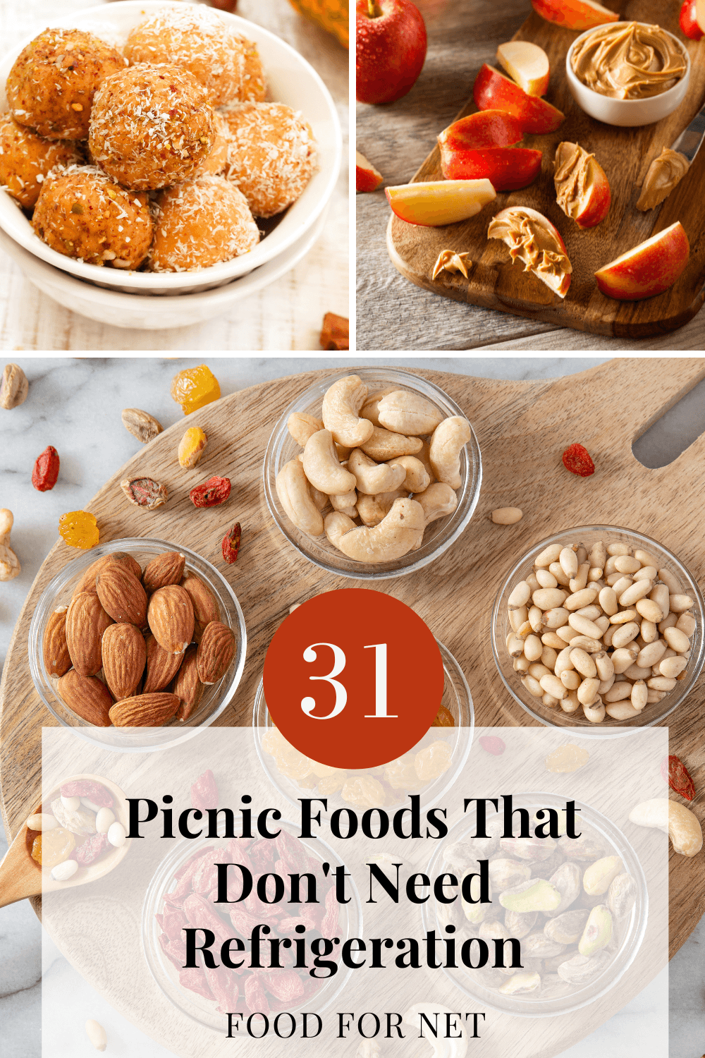 A selection of picnic foods that don't need refrigeration, including nuts, seeds, apples with peanut butter, and protein bites