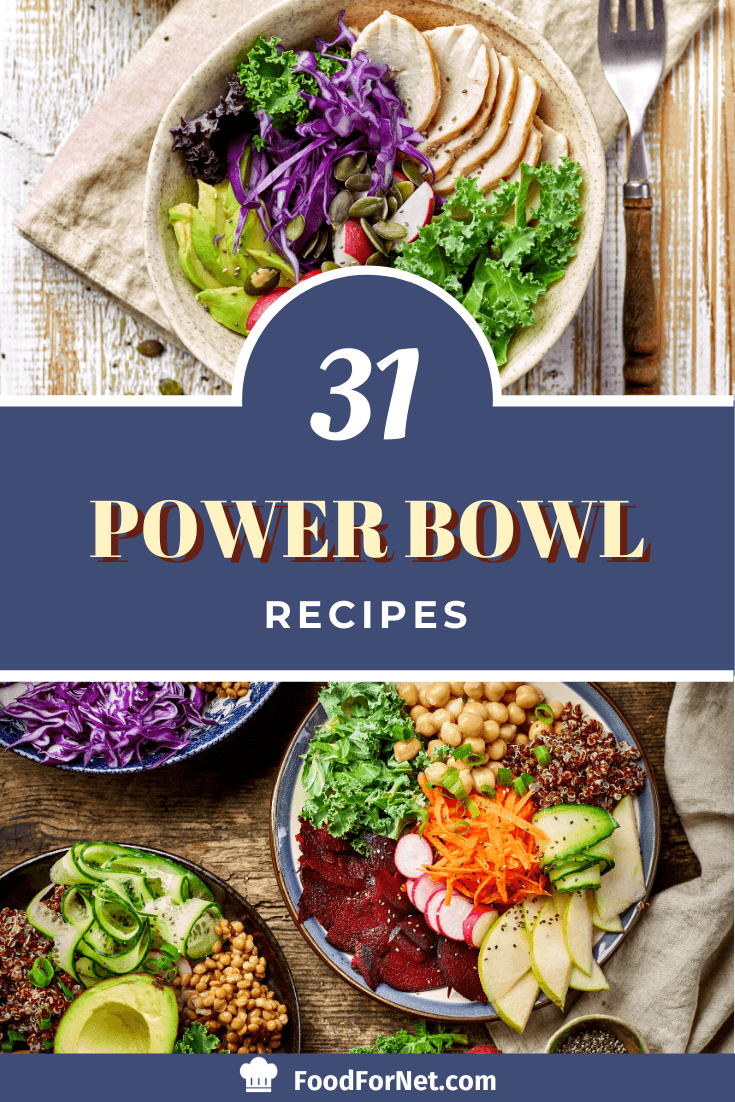 a few examples of power bowl which include healthy, fresh foods like beets, salad, chickpeas, quinoa, fruit, avocado, and other vegetables, nuts, and legumes.