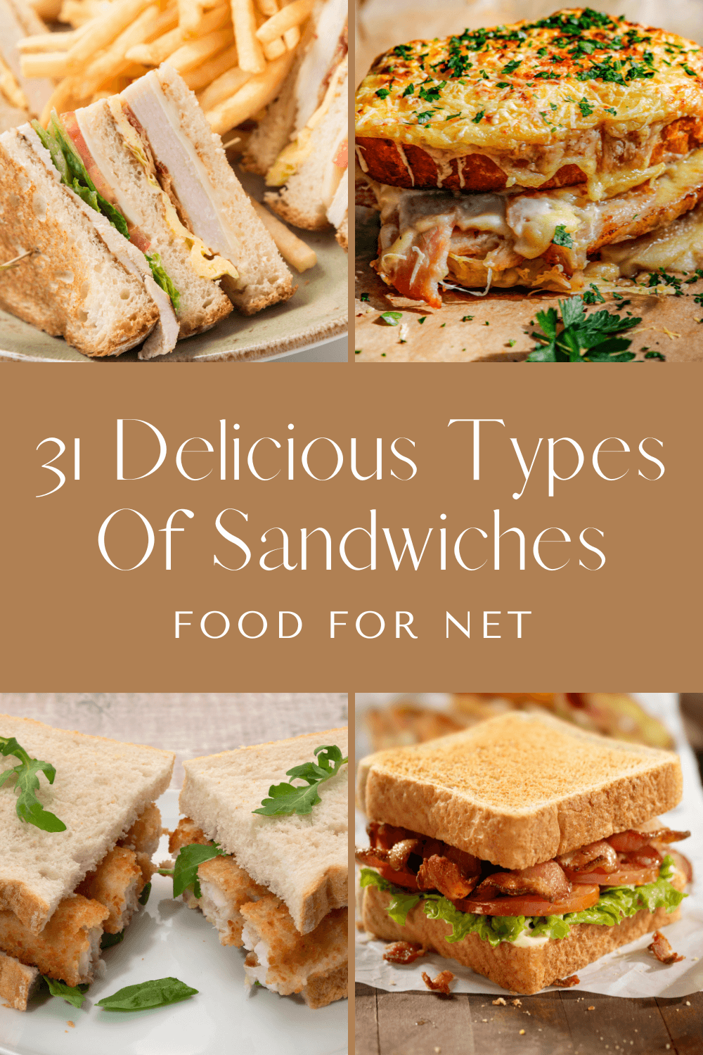 Four different types of sandwiches, including Croque Monsieur, BLT, and club sandwiches  