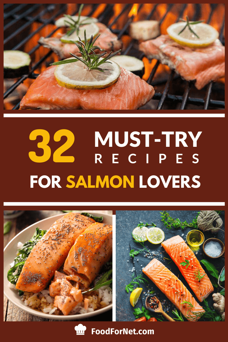 salmon being cooked in a variety of ways, including bbq, poached, and baked with garnishes, olive oil, salt, and lemon