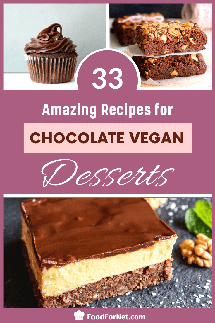 three examples of vegan chocolate desserts including cupcakes, brownies with nuts, and a crunch bar