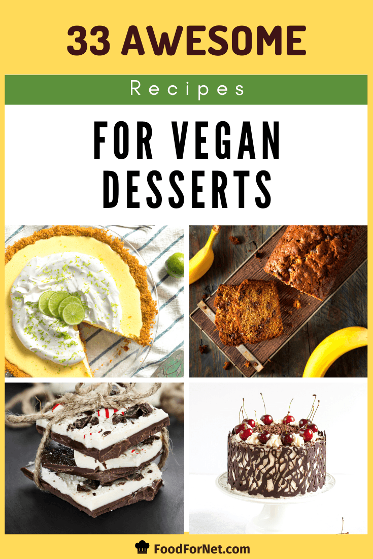 four examples of vegan desserts including pie, cake, bark, and bread